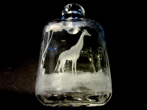 Mid Century Post Modern Glass Decanter Etched Wild Animals