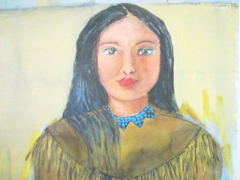 Folk Art Native Female Portrait Oil On Canvas - Designer Unique Finds 
