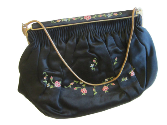 French Black Satin Evening Purse Floral Embroidery Golden Chain - Designer Unique Finds 