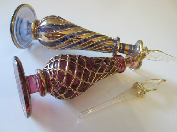 Spiral Gold Art Glass Perfume Bottles Decorated Pink Purple Dome Stopper - Designer Unique Finds 