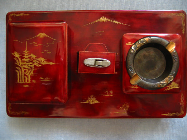 Chinoiserie Red Lacquered Figurative Dutch Music Box Smoking Set - Designer Unique Finds 
 - 1