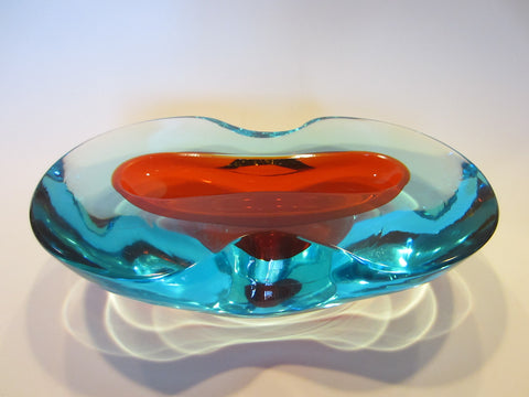 Murano Sommerso Oblong Glass Art Blue With Red Accent