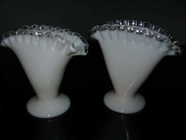 Fenton Milk Glass Silver Sheen Ruffled Fan Vases - Designer Unique Finds 
 - 3