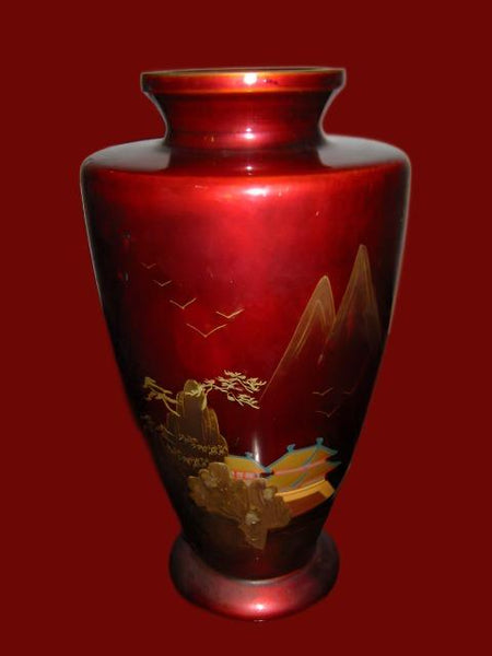 Aizu Japan Chinoiserie Red Lacquered Flower Vase Copper Insert - Designer Unique Finds 