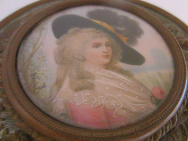 Victorian Bronze Powder Box Crystal Round Mirrored Signed Portrait Painting - Designer Unique Finds 