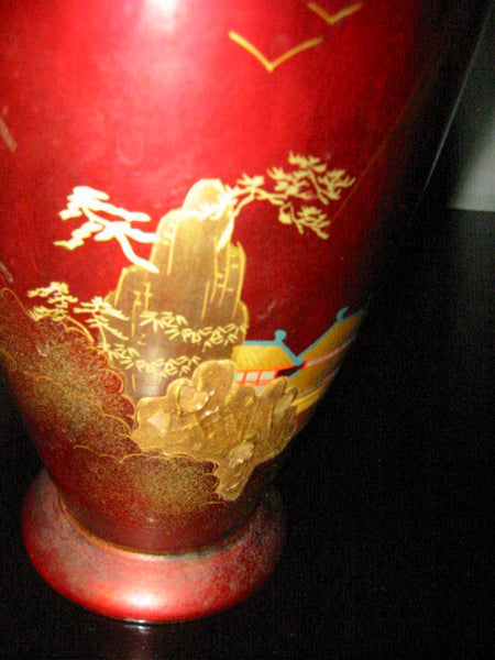 Aizu Japan Chinoiserie Red Lacquered Flower Vase Copper Insert - Designer Unique Finds 