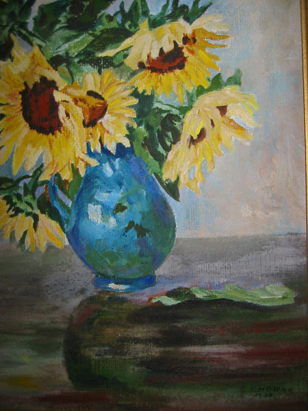 Still Life Golden Sunflowers in Blue Vase Pastel Painting Signed CF Horn Dated 1938 - Designer Unique Finds 