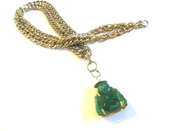 Golden Asian Green Buddha Pendant Chain Necklace
