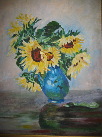 Still Life Golden Sunflowers in Blue Vase Pastel Painting Signed CF Horn Dated 1938 - Designer Unique Finds 