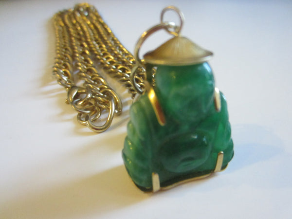 Green Buddha Golden Pendant Added Link Chain - Designer Unique Finds 