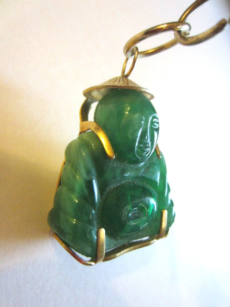 Golden Asian Green Buddha Pendant Chain Necklace