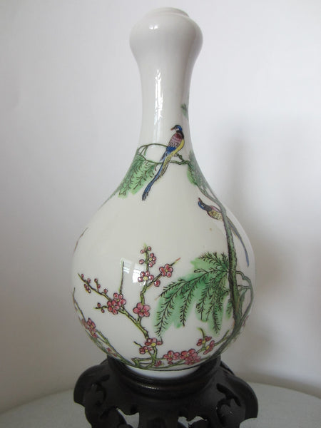 Japan Bottle Shaped Cherry Blossom Flower Vase Decorated Enamel Birds Marked - Designer Unique Finds 
