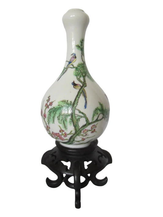 Japan Bottle Shaped Cherry Blossom Flower Vase Decorated Enamel Birds Marked - Designer Unique Finds 