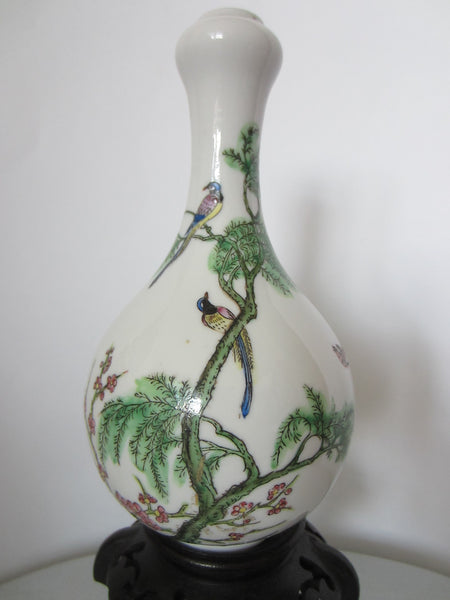 Japan Bottle Shaped Cherry Blossom Bud Vase Decorated Enamel Birds
