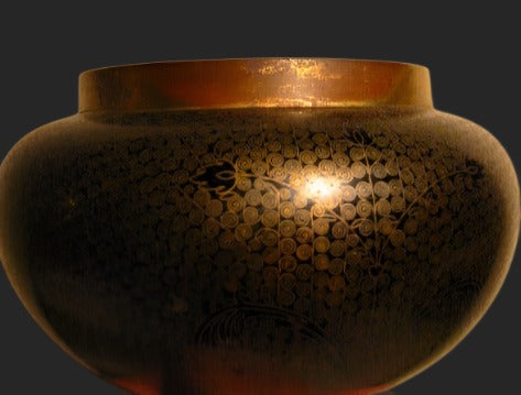 Asian Cloisonne Bowl Gold On Black Geometric Enameling