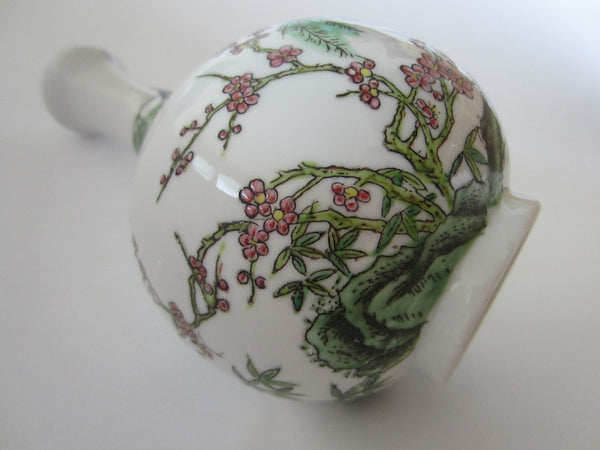 Japan Bottle Shaped Cherry Blossom Flower Vase Decorated Enamel Birds Marked - Designer Unique Finds 