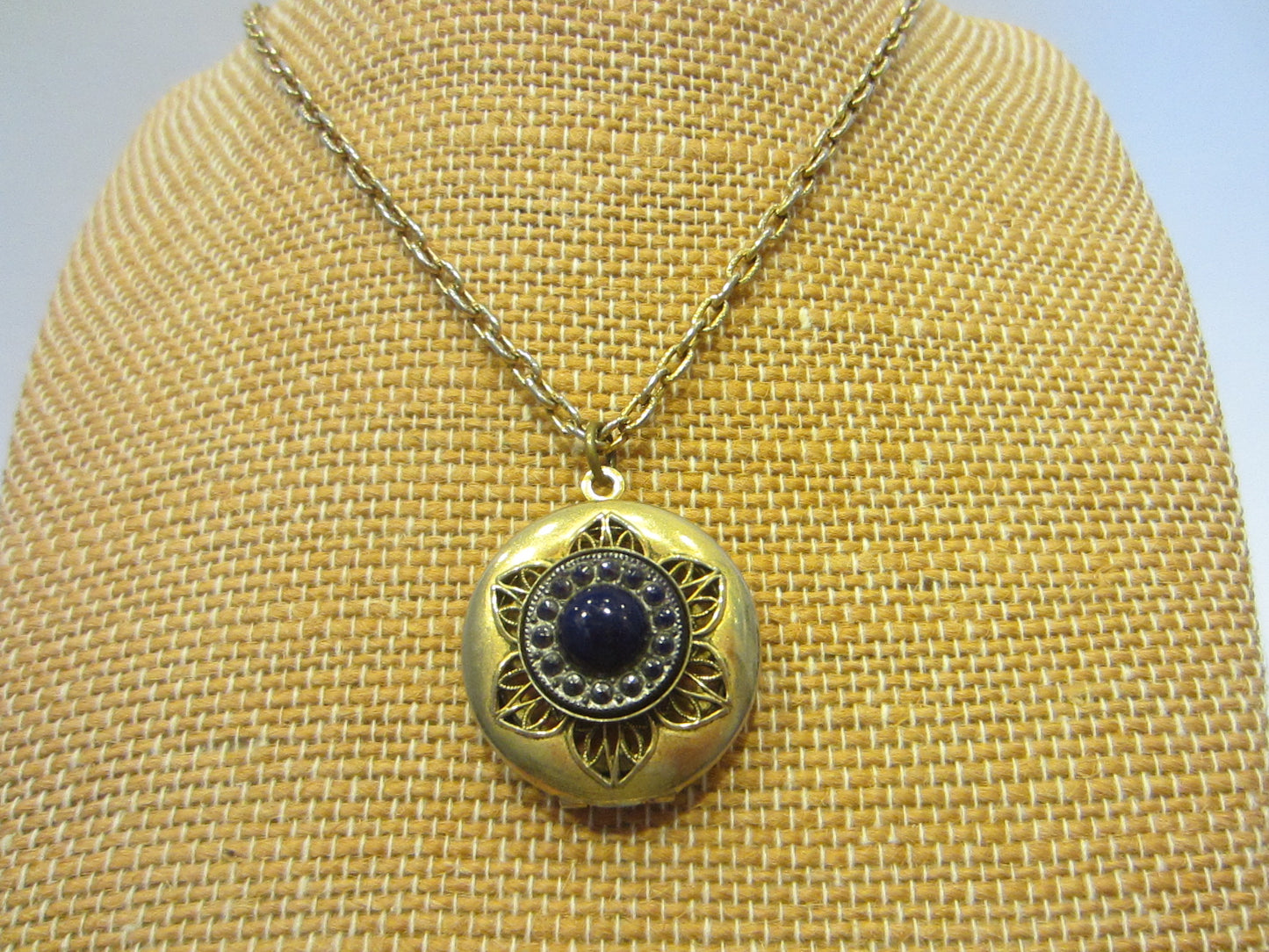 Freirich Vintage Locket Necklace Filigree Midnight Blue Cabochon