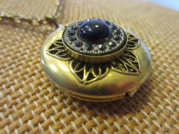 Freirich Vintage Locket Necklace Filigree Midnight Blue Cabochon