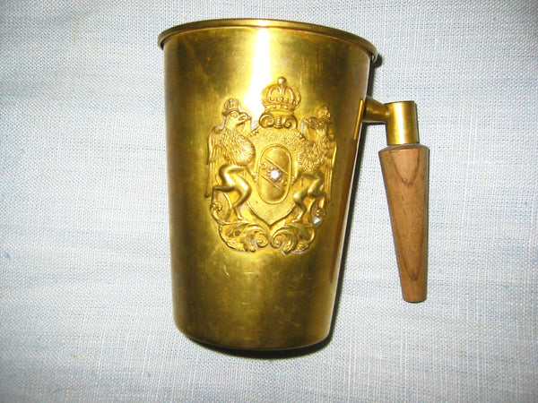 Italian Art Deco Brass Cup Coat of Arm Bird Crown Crest Wood Handle - Designer Unique Finds 