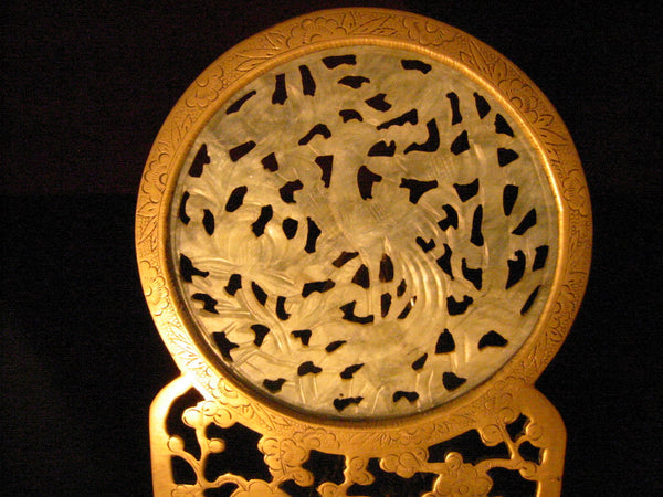 Finely Carved Circular Jade Plaque With Dragon Phoenix On Brass Frame - Designer Unique Finds 
