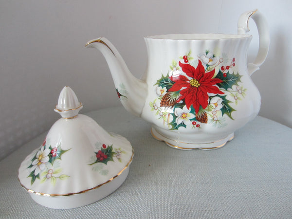 Royal Albert Bone China England Poinsettia Teapot Signed Dated Copyrighted - Designer Unique Finds 