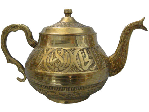 Asian Brass Teapot Embossed Dragon Spout Figurative Etched Symbols - Designer Unique Finds  - 3