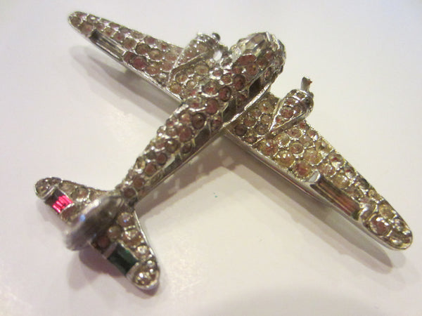 Trifari Airplane Brooch Swarovski Micro Pave Silver Propeller - Designer Unique Finds 