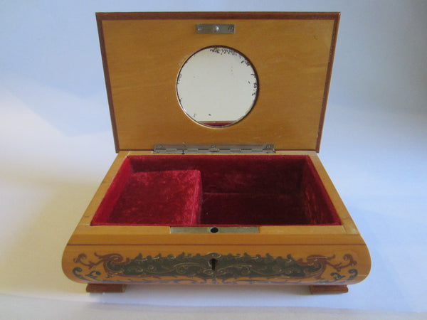 Mid Century Modern Musical Jewelry Box Inlaid Marquetry Floral Design