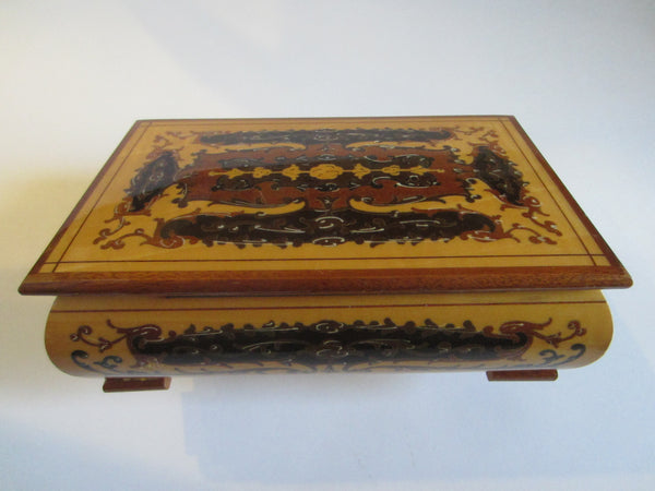 Mid Century Modern Musical Jewelry Box Inlaid Marquetry Floral Design