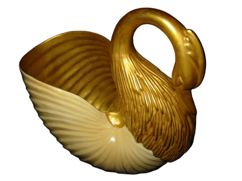 Italian Swan Planter Luster Bisque Gold Painted Labeled Made in Italy - Designer Unique Finds 