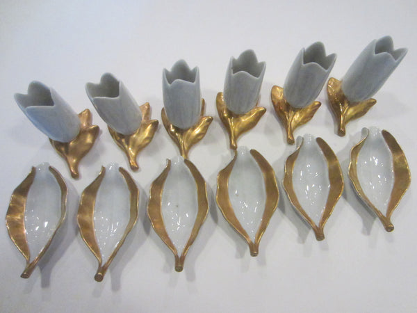 Italian Mini Porcelain Tulip Vases Petals Gold Decorated Table Setting