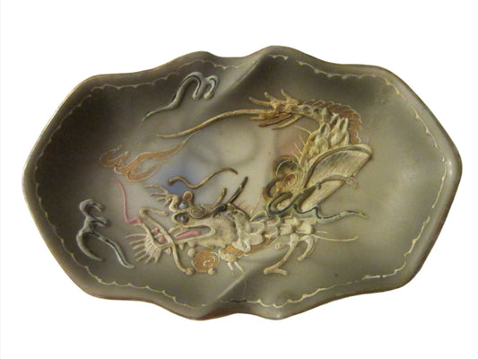 Asian Majolica Dragon Painted Miniature Tray Gilt Decorated - Designer Unique Finds 