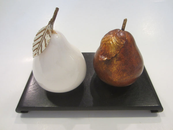 Copper White Ceramic Pears Stemmed Hand Painted Gilt Decorated