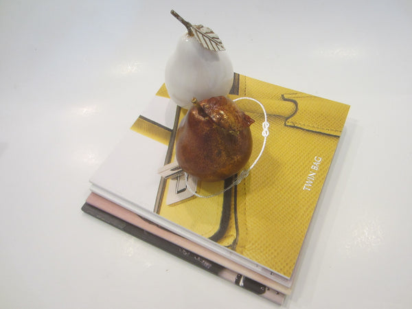 Copper White Ceramic Pears Stemmed Hand Painted Gilt Decorated