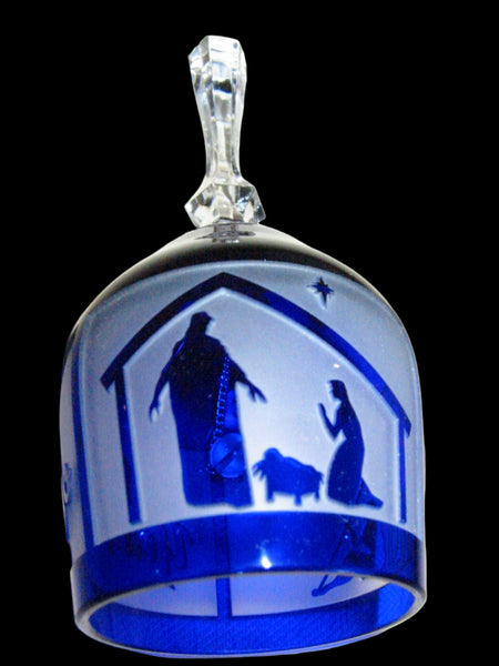 Hand Cut Nativity Cobalt Frost Glass Bell Mid Century Limited Edition