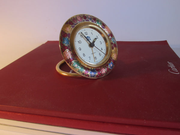 A Cloisonne Floral Brass Desk Clock Brass Self Stand - Designer Unique Finds 
 - 3
