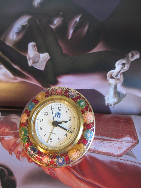 A Cloisonne Floral Brass Desk Clock Brass Self Stand - Designer Unique Finds 
 - 6