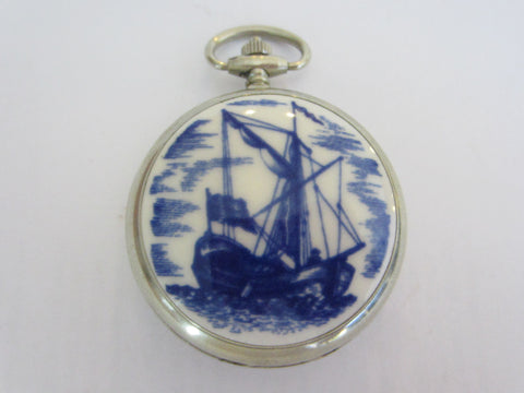 Russian Blue White Porcelain Hunter Nautical Pocket Watch - Designer Unique Finds 