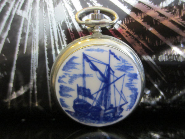 Russian Blue White Porcelain Hunter Nautical Pocket Watch - Designer Unique Finds 