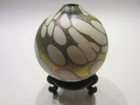 Folk Art Stained Glass Iridescence Textured Blown Candle Holder Bud Vase