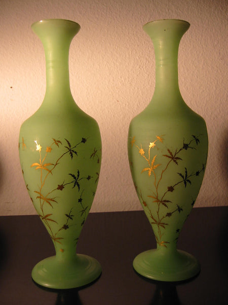 Opaline Pastel Green Glass Vases Gilt Decorated Flowers Bottle Shaped - Designer Unique Finds 