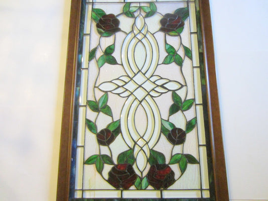 Lucite Art Window Panel Decorated Blooming Red Roses Green Leaves - Designer Unique Finds 