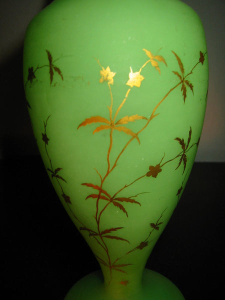 Opaline Pastel Green Glass Vases Gilt Decorated Flowers Bottle Shaped - Designer Unique Finds 