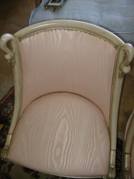 Mid Century Boudoir Light Wood Swan Chairs Pink Textile Plastic Cover - Designer Unique Finds 
