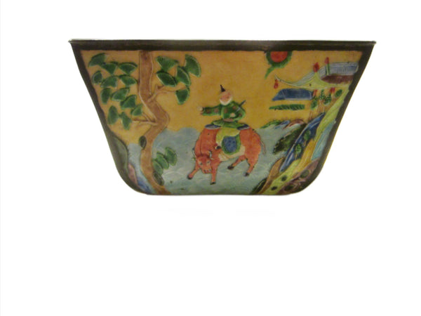 Asian Yellow Enamel On Golden Metal Bowl Hand Decorated Blue Interior