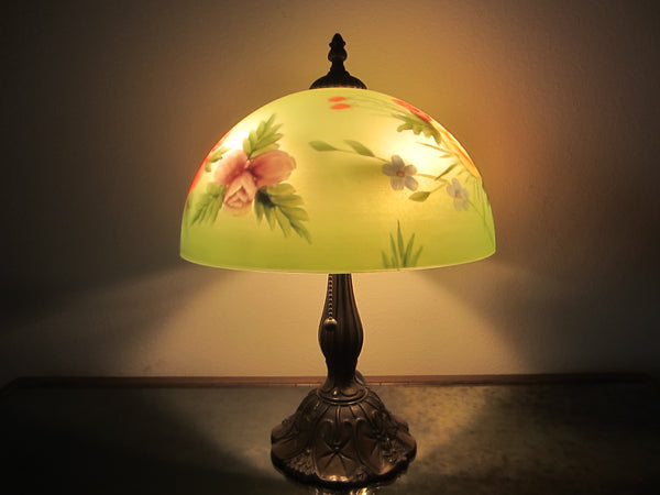 Reverse Glass Painted Shade Deco Style Brush Bronze Table Lamp