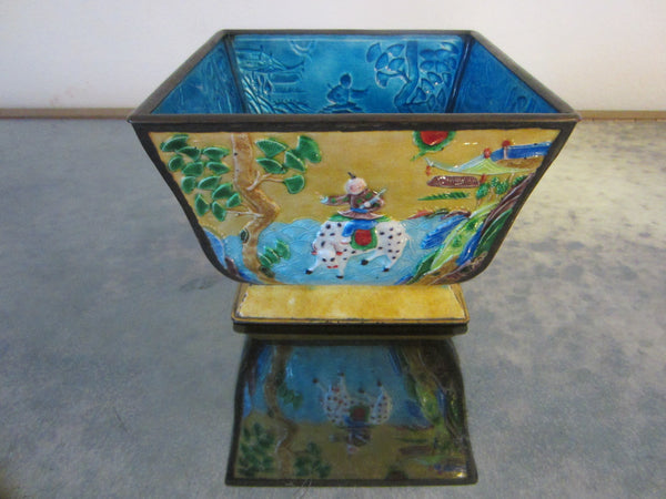 Asian Yellow Enamel Ware Metal Bowl Figurative Hand Decorated Blue Interior - Designer Unique Finds 