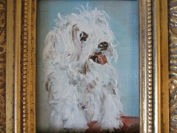 White Poodle Dog Painting Signed Oil On Board - Designer Unique Finds 