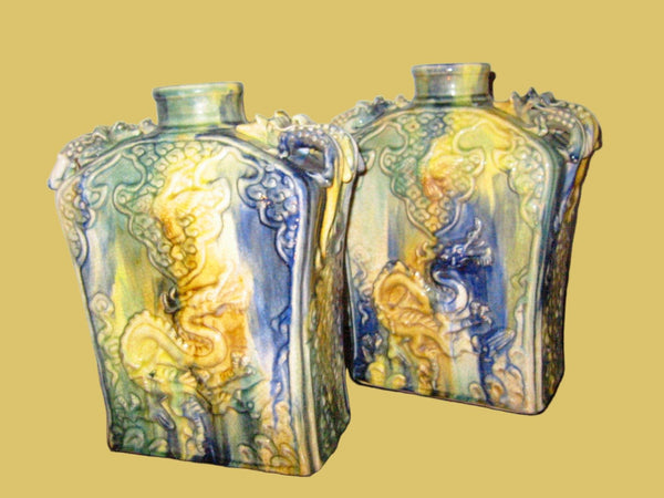 Majolica Ceramic Vases Swirl Dragons Insects Handles - Designer Unique Finds 