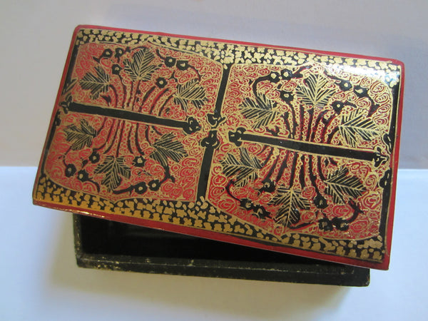Paper Mache Red Lacquer Jewelry Box Hand Decorated Gold Accent